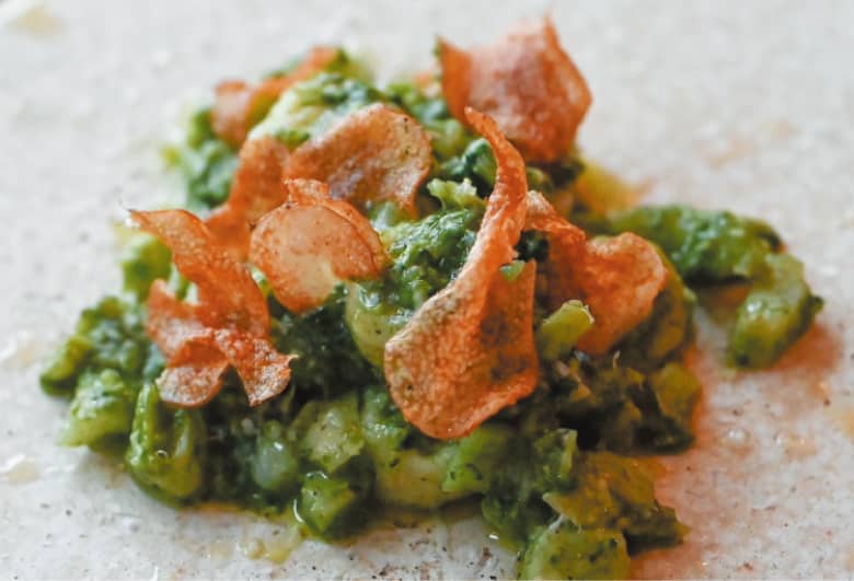 ブロッコリーと春菊ジェノベーゼの長芋ニョッキ